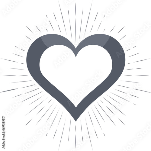 A stylized, gray heart graphic with radiating light rays, creating a symbolic representation of love or affection.