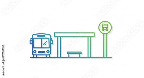 A bus stop with a bus and a sign the bus stop is a simple line drawing