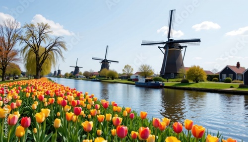 Scenic Dutch Landscape with Traditional Windmills Over Water Blooming Tulips and Lush Trees on a Bright Sunny Day in a Peaceful Countryside Setting