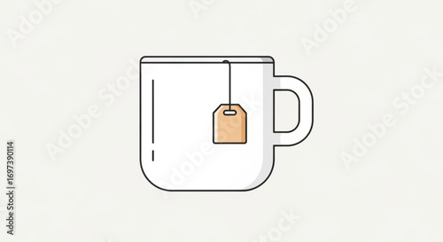 A minimalist illustration of a white mug with a tea bag, , representing a cozy and comforting beverage