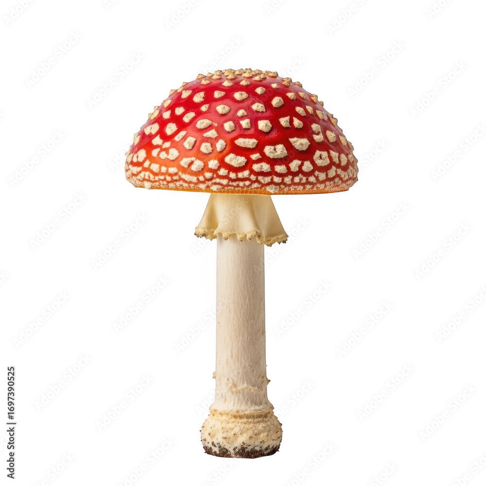 Obraz premium A vibrant red mushroom with white spots, known as amanita muscaria, stands isolated on a clean transparent background, showcasing its distinctive cap and stem