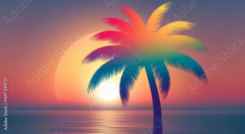 Vibrant illustration of a palm tree against a sunset backdrop, perfect for summer themes and tropical designs