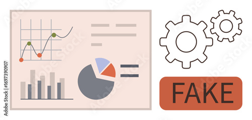 Graphs and pie chart with connected gears alongside a bold fake label. Ideal for fraud detection, data integrity, fake news awareness, analytics, error detection, technology, simple flat metaphor