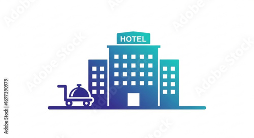 Hotel building, a symbol of hospitality and travel industry with service cart