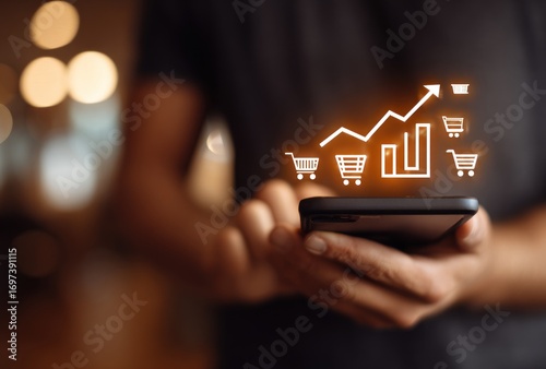 Person using smartphone with digital overlay of shopping carts and an upward trending graph indicating sales
