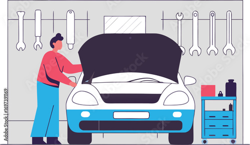 Mechanic Inspecting Car Engine in Garage