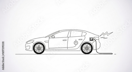 Electric car charging with lightning bolt, representing sustainable transportation and ecofriendly technology
