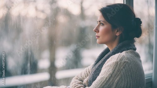 Winter depression, seasonal affective disorder mental health woman sad comtemplative looking out the window alone