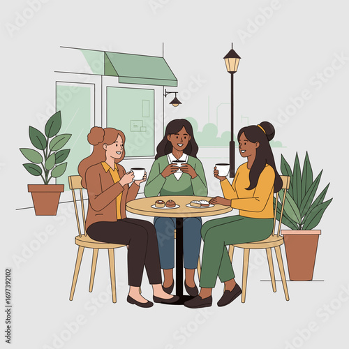 illustration of three women sitting at an outdoor café, drinking coffee, smiling, and chatting together around a table with pastries, plants, and a cozy background.


