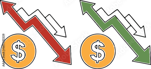 Fluctuating Market Trends Depicted with Arrows and Dollar Coins Illustrating Economic Volatility and Investment Opportunities