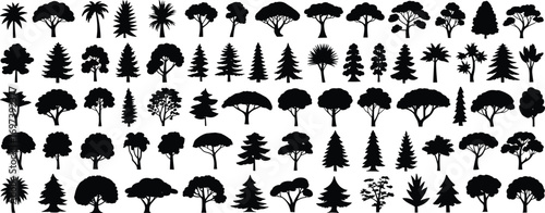 Collection of tree silhouettes, various tree shapes, nature vector icons, forest tree illustrations, botanical silhouettes, outdoor foliage designs, natural tree graphics, diverse tree outlines.