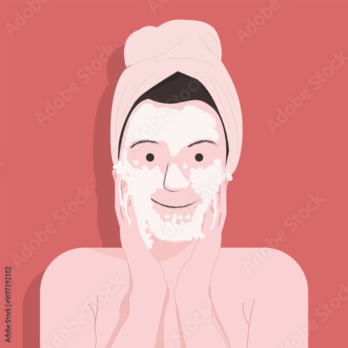 Woman applying facial cleanser, skincare routine, self-care concept