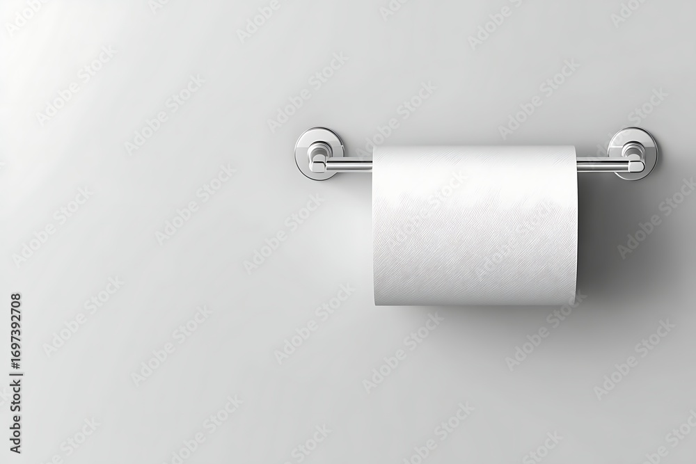 Obraz premium A roll of white toilet paper on a chrome holder against a plain white wall