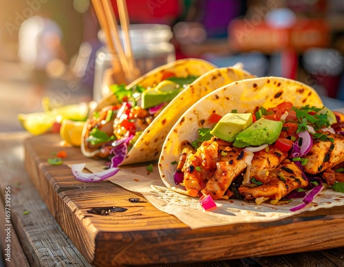 Delicious chicken tacos with avocado and fresh toppings on a wooden serving board