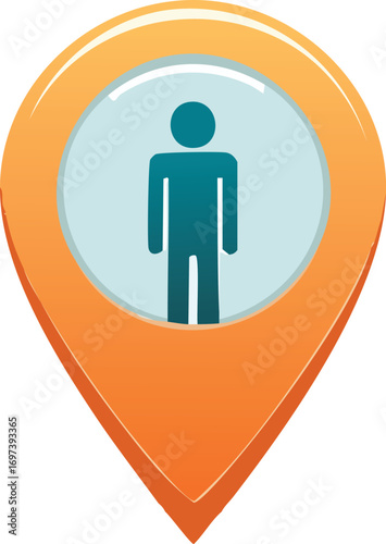 Orange map marker icon with a teal male figure, indicating a location.