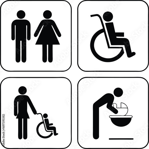 Iconic Restroom Signs Depicting Gender Accessibility Wheelchair Access and Baby Changing Facilities Promoting Inclusion and Convenience for All
