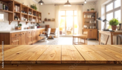 A wooden table top in front of a blurred interior design