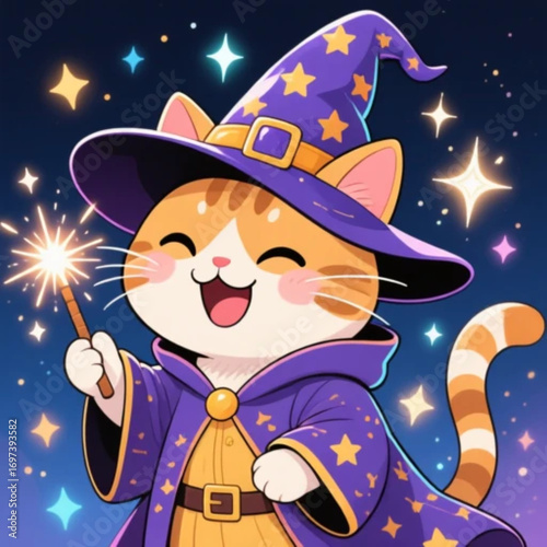 Happy cat wearing wizard costume fanTASY