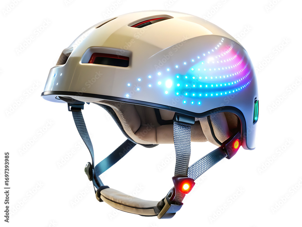 Fototapeta premium White helmet with colorful led lights and straps isolated on a transparent background image