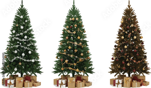 Three Christmas Trees with Gifts, Holiday Decoration Scene, Festive Evergreen Trees, Wrapped Presents Below, Seasonal Celebration Artwork, Winter Holiday Spirit, Vector Christmas Illustration