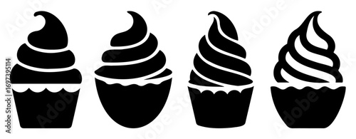 Four black and white cupcake images with different frosting designs.