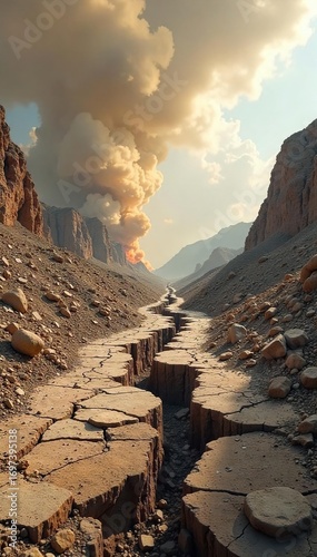 Devastating Earthquake Dust Clouds Billow Over Cracked Earth, Shattered Buildings in the Distance