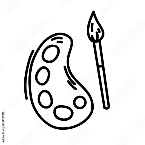 Artistic black and white line drawing of a painter’s palette with brush, symbol of creativity, art tools, painting, and design inspiration. Minimalist pallette paint icon line art outline.
