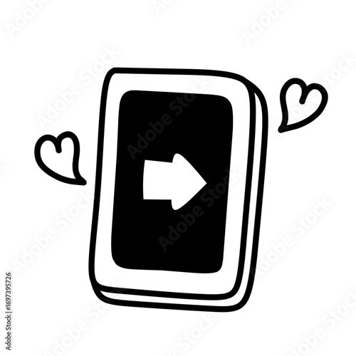 Black and white cartoon smartphone with arrow and hearts, symbol of love message, online dating, chat, or social media connection. Minimalist smartphone icon line art outline illustration.