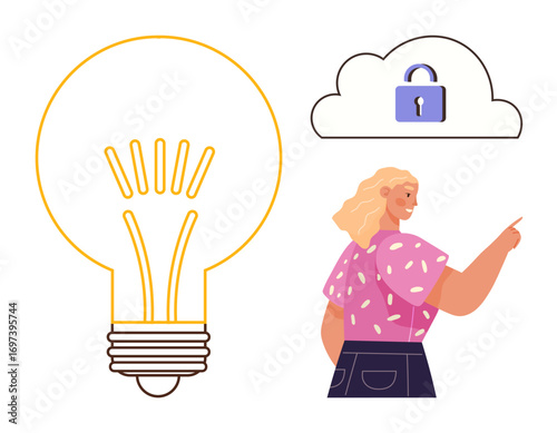 Large light bulb represents ideas and innovation, woman gestures toward a secure cloud with a locked padlock. Ideal for intellectual protection, cybersecurity, cloud computing, creative solutions