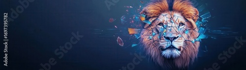 Creative digital illustration of a majestic lion with a detailed realistic face and a vibrant abstract background showcasing strength and wilderness themes
