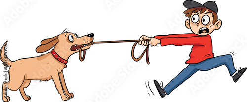 Funny Cartoon Dog Pulling Boy, Walking Trouble Scene, Leash Tug Moment, Comic Animal Character, Pet Behavior Humor, Vector Illustration Style, Playful Pet Art