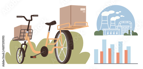 Cargo bike carrying packages on green foliage background with nearby factory smoke and bar chart. Ideal for sustainability, environment, green living, delivery, transport, carbon footprint
