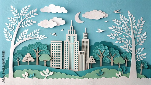 Paper cut town scene with skyline, clouds, and nature accents. Light blue background.