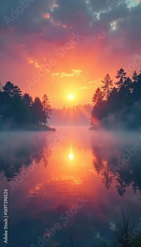 Serene sunrise over a tranquil lake, mist rising, conveying a sense of peaceful spiritual energy and inner calm Perfect for meditation, mindfulness, and well-being themes , energy, clouds