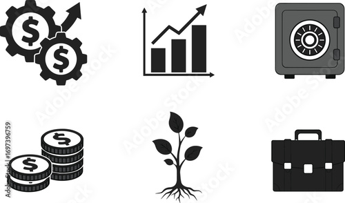 Finance and business icons including dollar gears, growth chart, safe box, coin stack, plant growth, and briefcase symbol set.