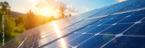 Close-up shot of solar panels absorbing sunlight on a bright, sunny day Clean energy, sustainable technology, renewable resource, environmental conservation , sunshine, innovation, power