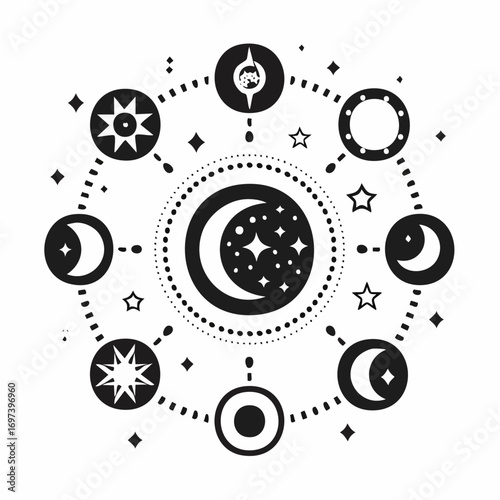 Elegant celestial arrangement depicting moon phases, stars, and cosmic elements in a harmonious monochrome vector design