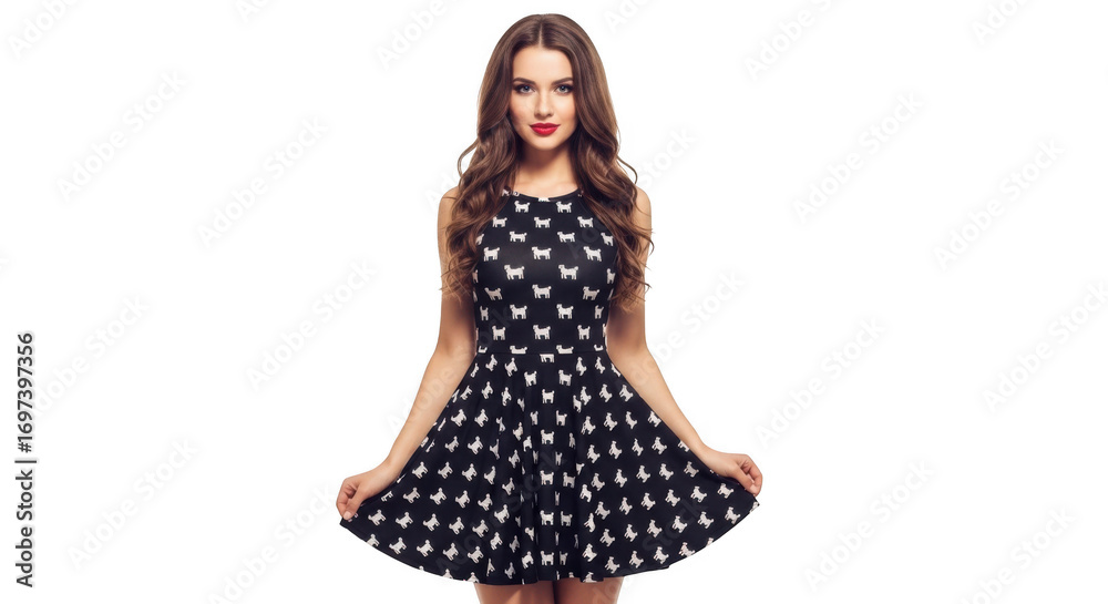 Naklejka premium A beautiful young woman with long wavy brown hair, wearing a black sleeveless dress with a white dog pattern, stands isolated on a transparent background