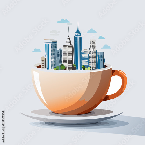 Vector illustration of a modern city skyline with skyscrapers emerging from a coffee cup
