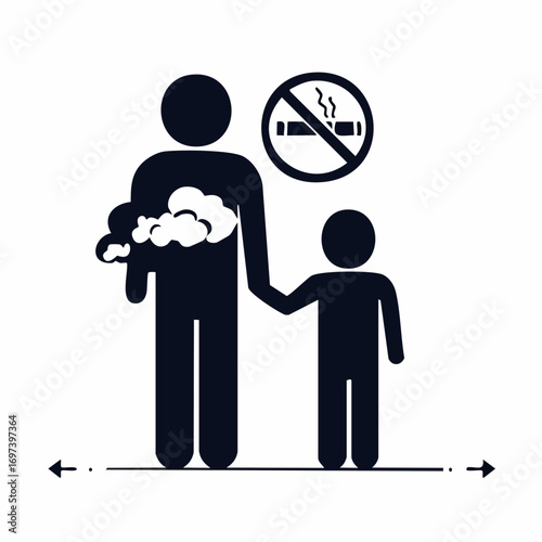 Black and white silhouette design of a child and an adult with smoke cloud in between, crossed out with no smoking symbol