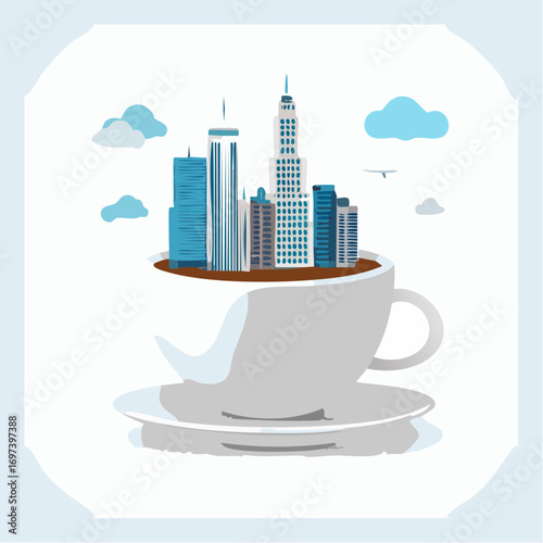 Urban skyline emerging from a steaming coffee cup, symbolizing the energizing start to a busy day