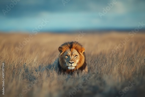 Majestic Lion resting in tall grass on open plain du daytime with clear sky and distant horizon showcasing wildlife and natural environment in the wild