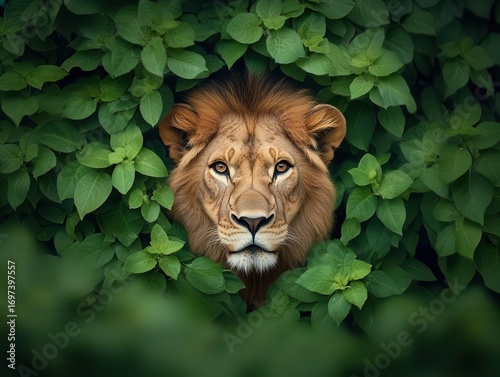 Close-up of a majestic lion's face peeking through lush green leaves in a vibrant natural setting, captu the strength and calmness of wildlife in the wild