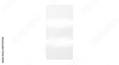 Three blank white rectangular cards are stacked vertically and isolated on a plain transparent background, ready for customization