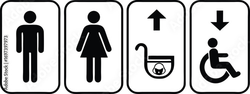 Public Restroom Icons Showing Man Woman Baby Changing and Handicapped Access for Modern City Environments and Facilities