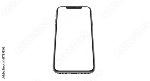 A modern smartphone with a blank white screen, isolated on a plain transparent background, ready for customization or display