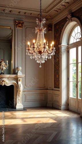 Sparkling Crystal Chandelier Illuminates Grand Ornate Room, Casting Soft Shadows on Classical Architecture. Perfect for Interior Design, Home Decor, and Luxury Lifestyle Concepts.
