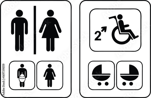 Public Restroom Signage Featuring Men Women Accessibility and Baby Changing Facilities Icons in Black and White Design