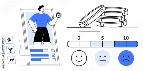 Man assessing fitness goals via app, coin stack symbolizing rewards, rating scale with emoticons. Ideal for fitness, health tracking, gamification, rewards, apps, motivation progress representation