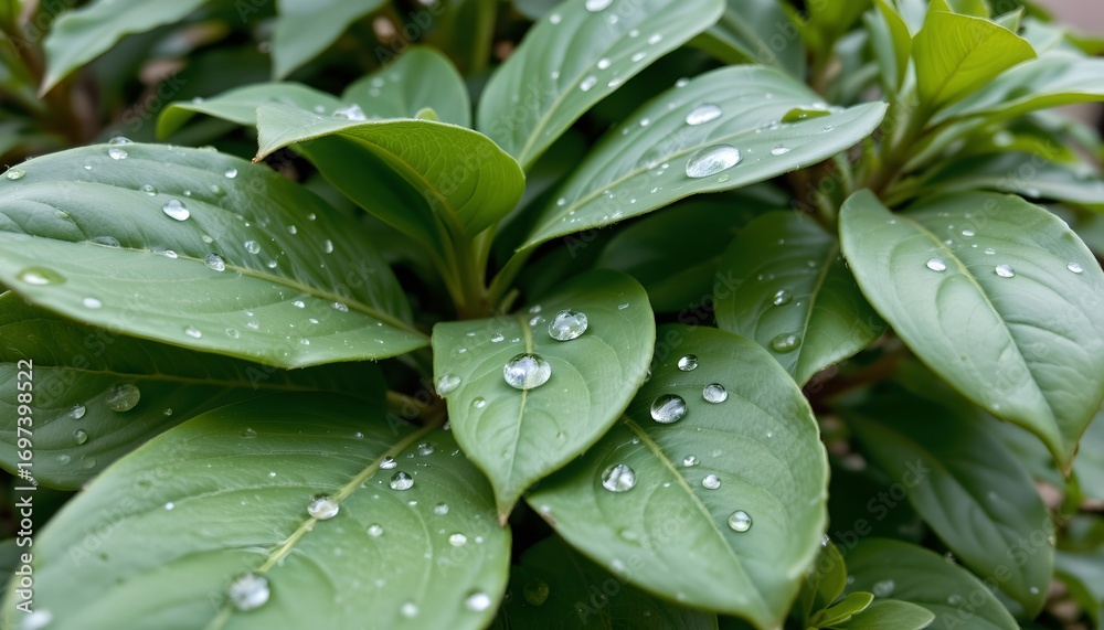 Fototapeta premium Closeup Vibrant Dewy Green Leaves